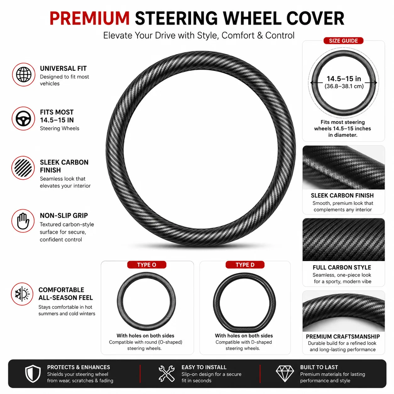 Carbon-Fiber-Style Car Steering Wheel Cover - Gallery 4