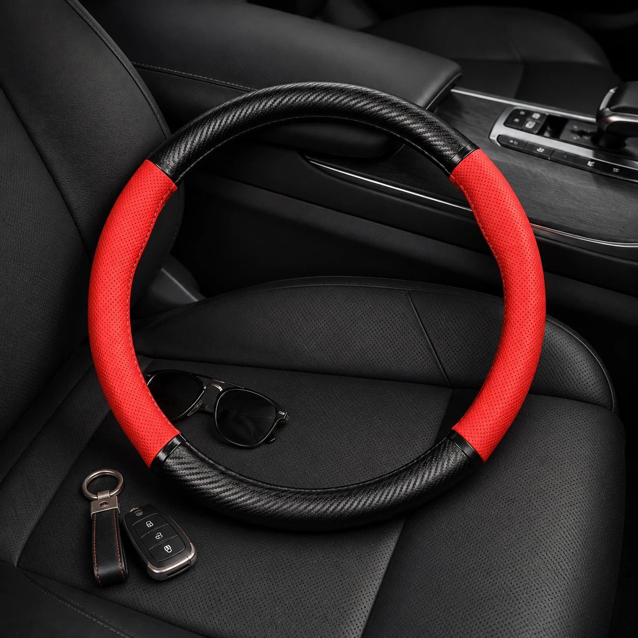 Leather & Carbon Car Steering Wheel Cover - Gallery 3