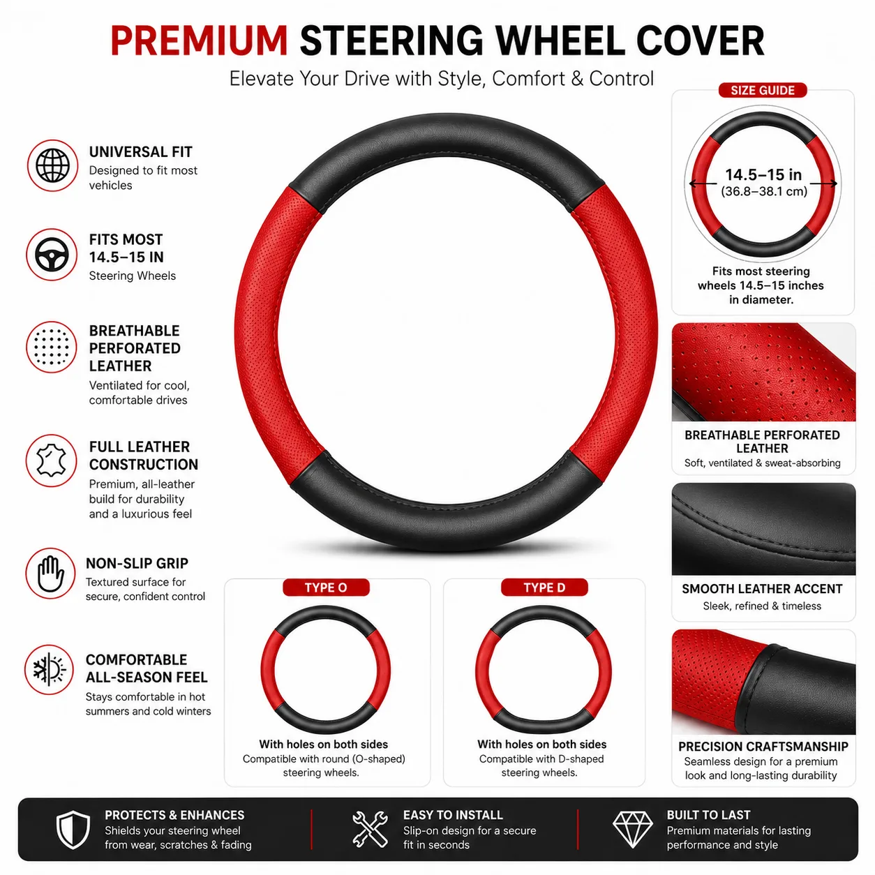 Leather Car Steering Wheel Cover - Gallery 5