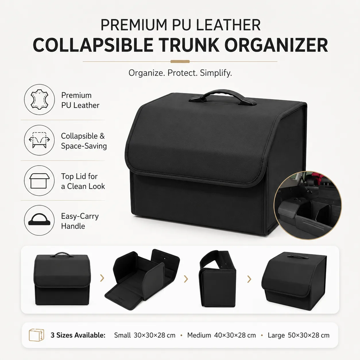 Collapsible PU Leather Trunk Organizer with Lid - Gallery 2