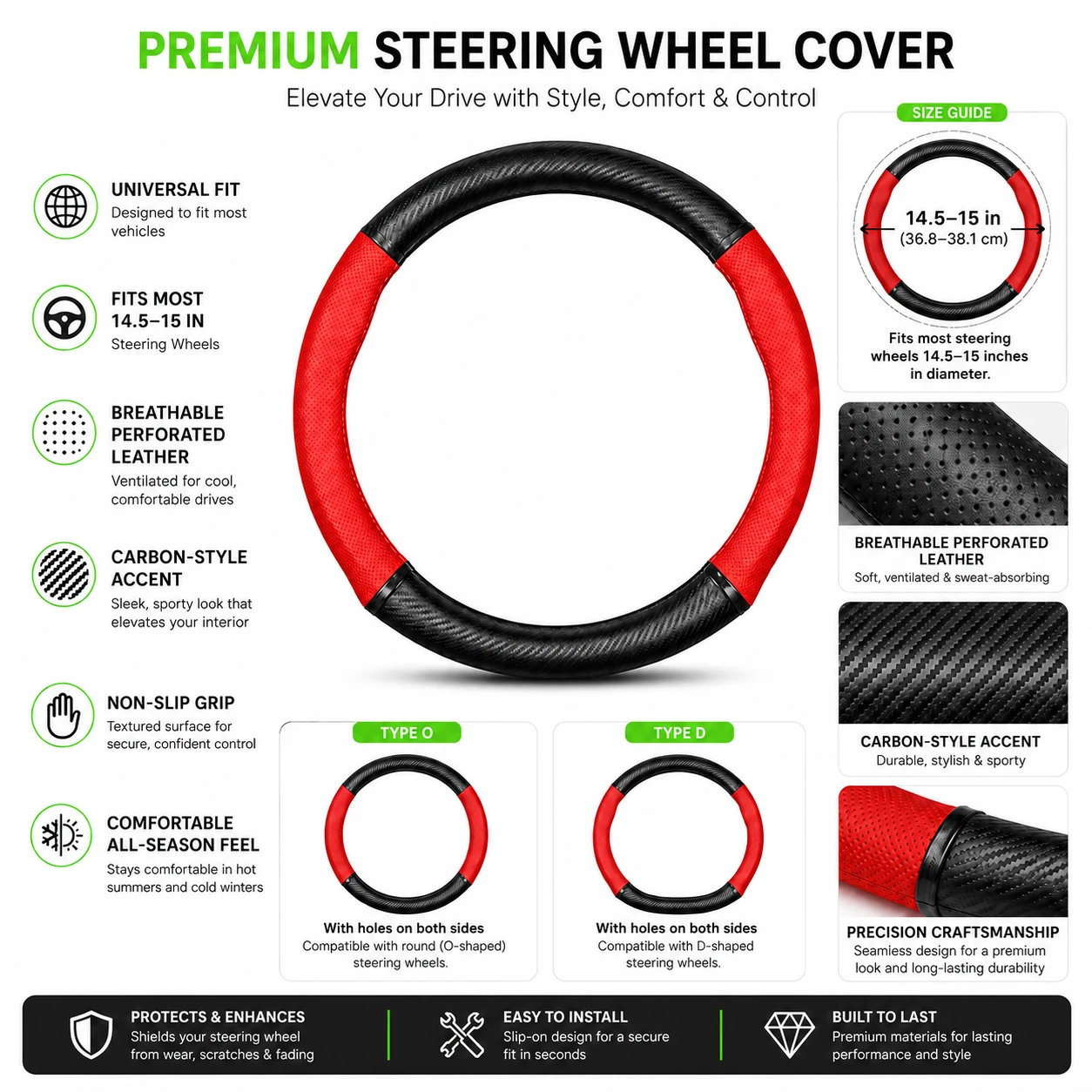 Leather & Carbon Truck Steering Wheel Cover - Gallery 6